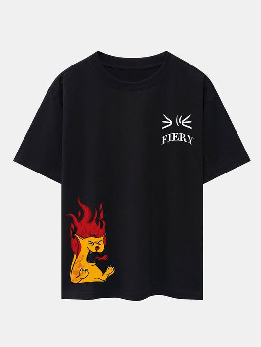 Fiery Cat Print Drop Shoulder Oversize T-Shirt
