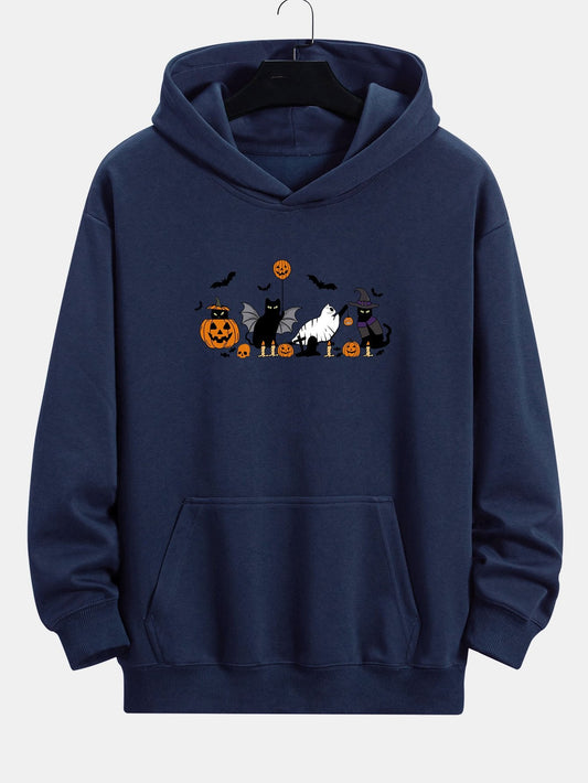 Halloween Pumpkin Black Cat Print Relax Fit Hoodie - Naturzy