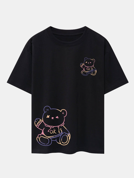 Colorful Bear Print Drop Shoulder Oversize T-Shirt - Naturzy