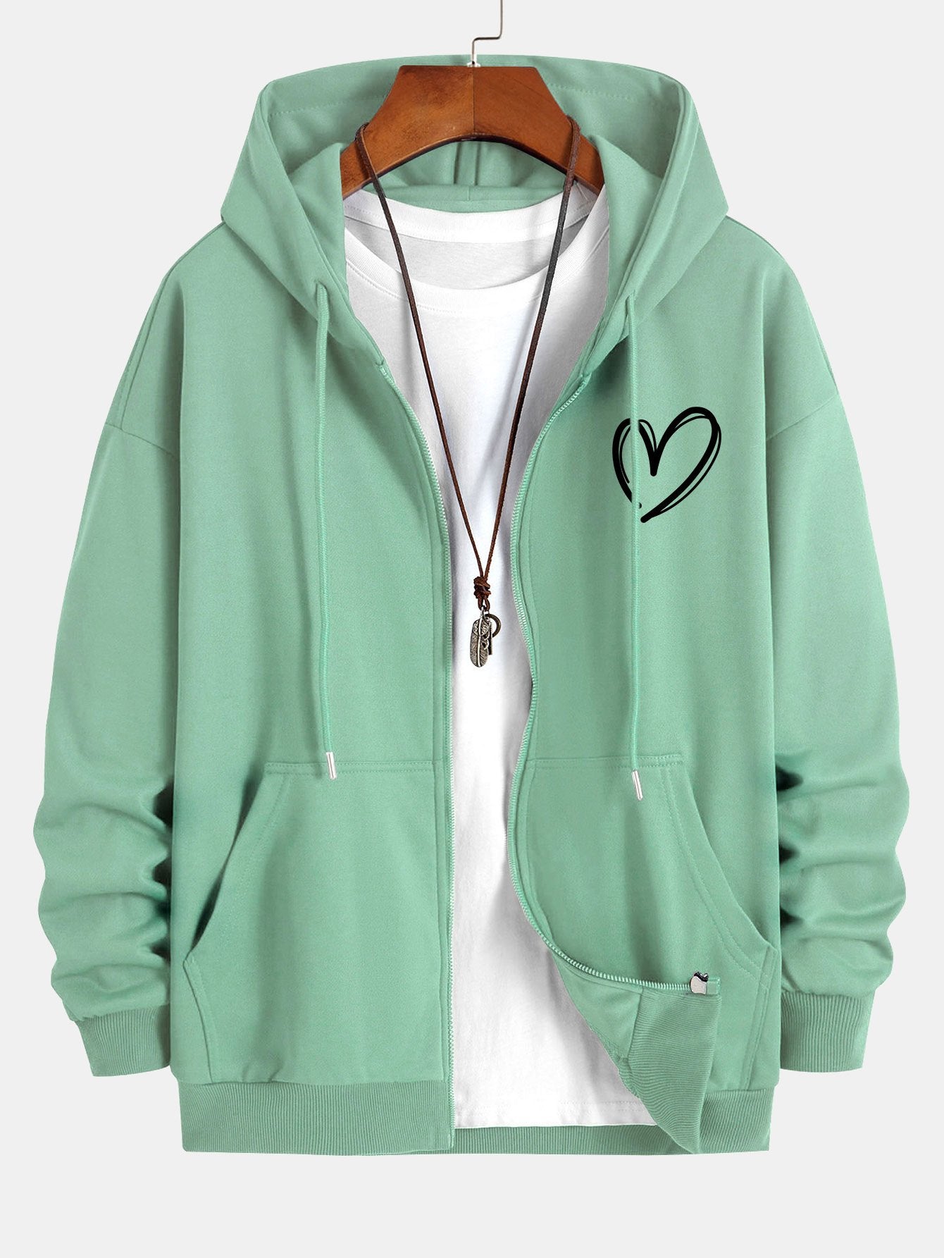 Heart Print Relax Fit Zip Hoodie - Naturzy