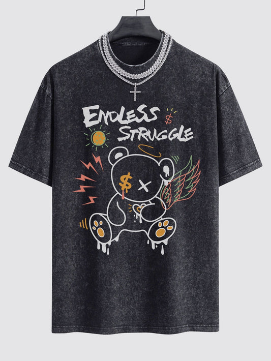 Graffiti Bear Print Washed Drop Shoulder Oversize T-Shirt - Naturzy