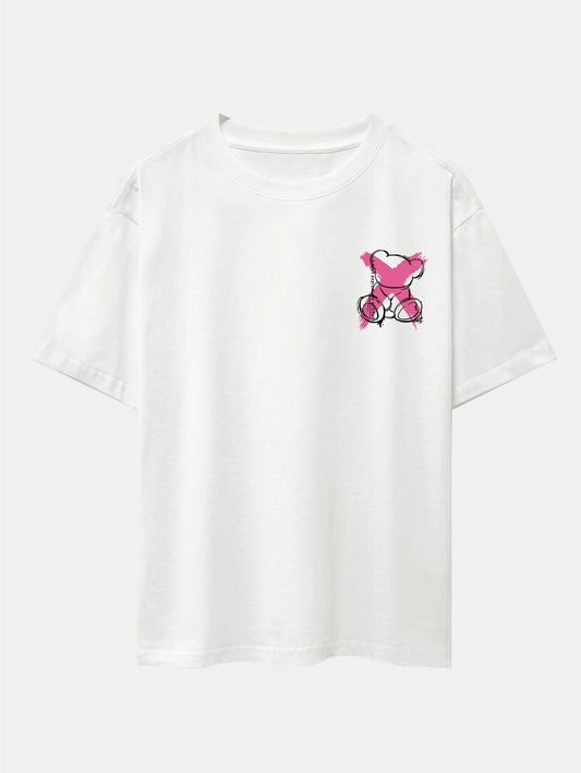 Graffiti Bear Print Drop Shoulder Oversize T-Shirt - Naturzy