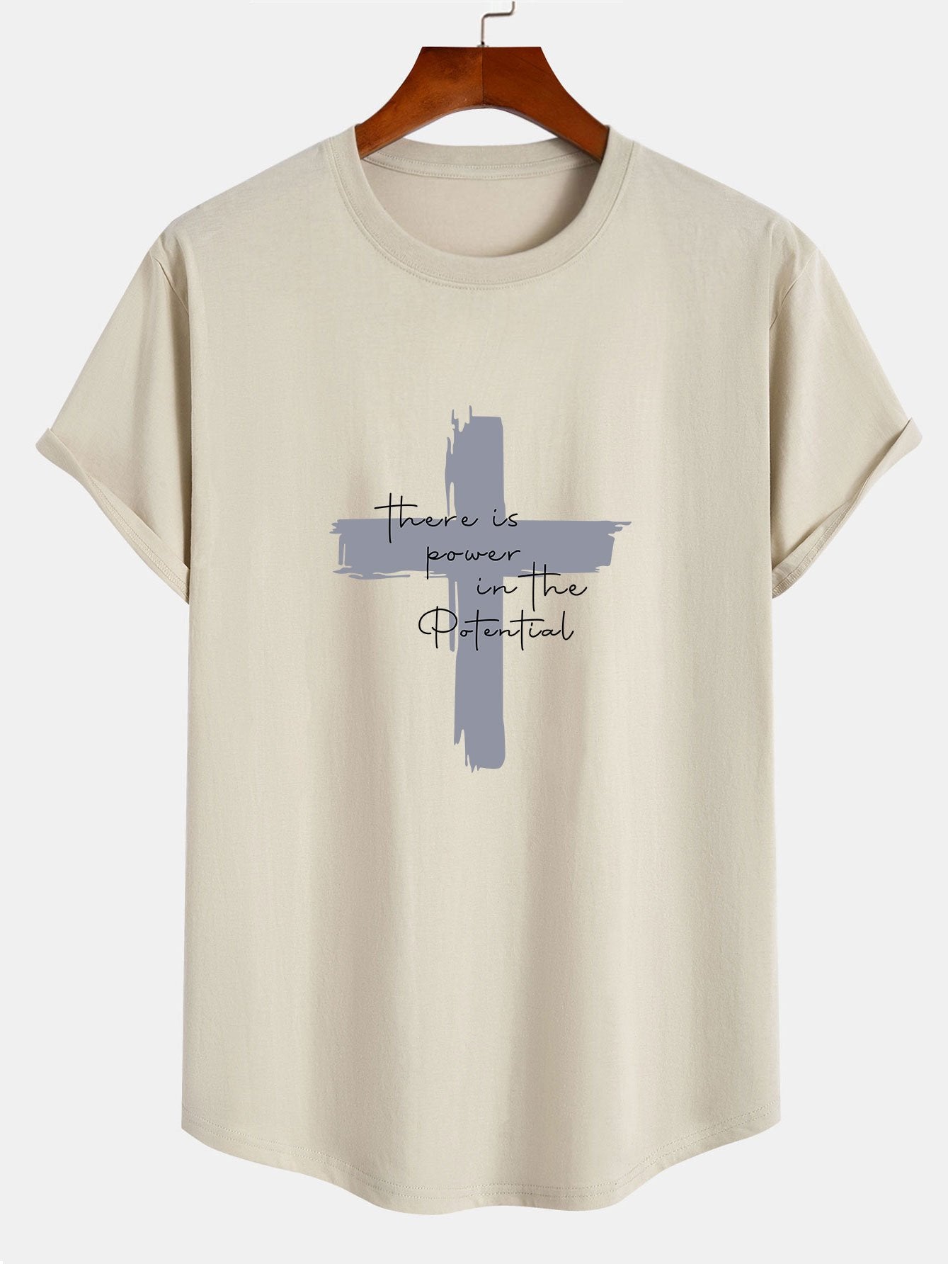 Cross Slogan Print Cotton Arc Hem T-Shirt - Naturzy