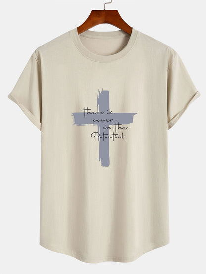 Cross Slogan Print Cotton Arc Hem T-Shirt - Naturzy