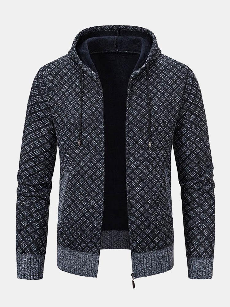 Diamond Pattern Zip Hooded Sweater - Naturzy