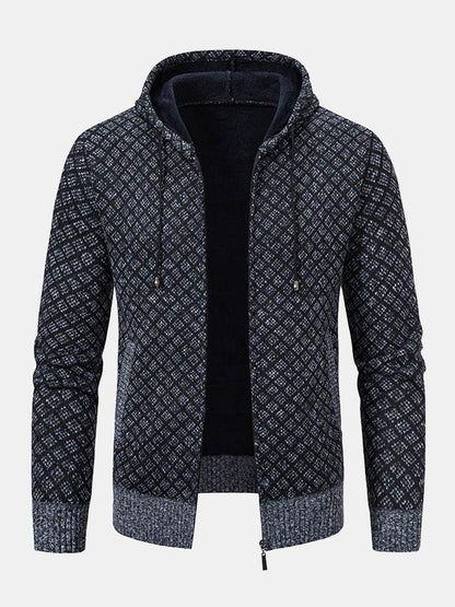 Diamond Pattern Zip Hooded Sweater - Naturzy