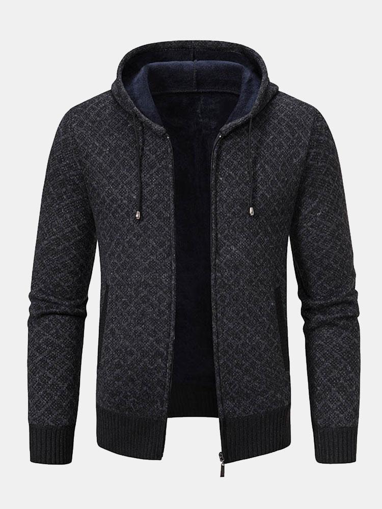 Diamond Pattern Zip Hooded Sweater - Naturzy