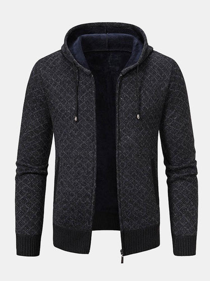 Diamond Pattern Zip Hooded Sweater - Naturzy